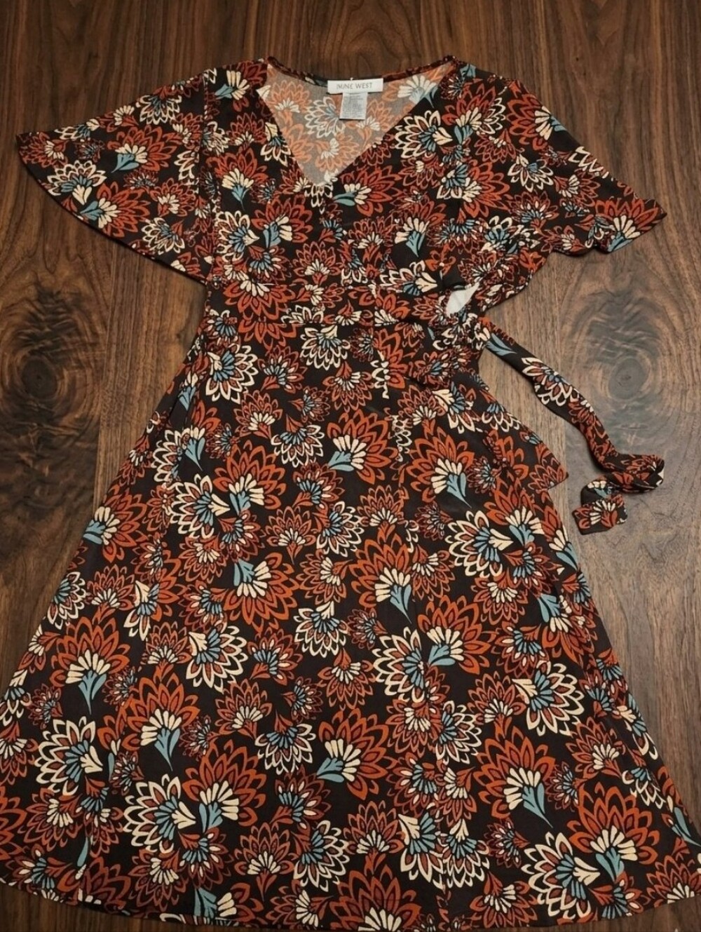 Nine West Retro Boho Floral V-Neck FAUX Wrap Dress SIZE 6